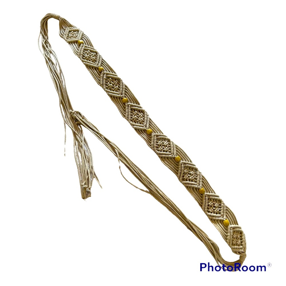 Macrame Boho Tie Belt with Beads | Tan/Beige and Brown